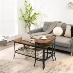 industrieller Sofa-Beistelltisch mit rustikaler Holzmaserung 64 x 32 x 61,5 cm rustikales braun