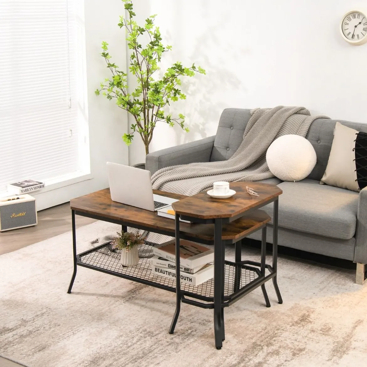 industrieller Sofa-Beistelltisch mit rustikaler Holzmaserung 64 x 32 x 61,5 cm rustikales braun
