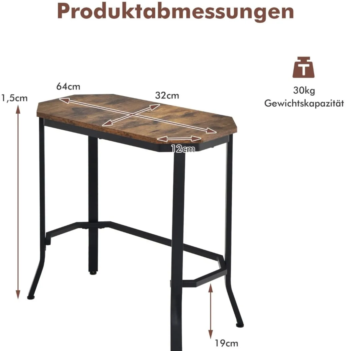 industrieller Sofa-Beistelltisch mit rustikaler Holzmaserung 64 x 32 x 61,5 cm rustikales braun