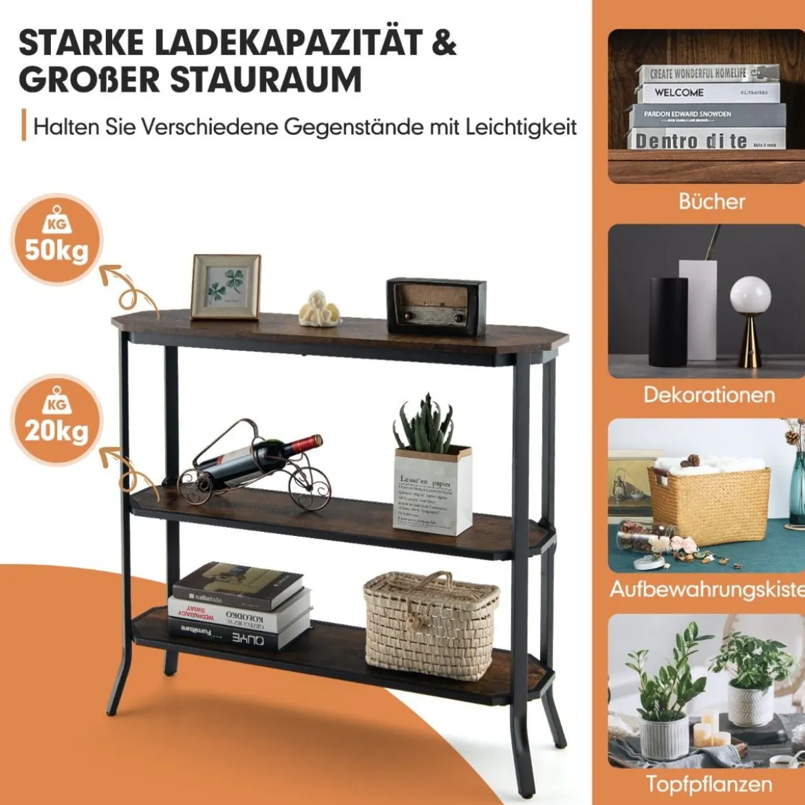Industrieller 3 stufiger Konsolentisch mit offenen Ablagefächern und Metallrahmen 98 x 28 x 91,5 cm Braun