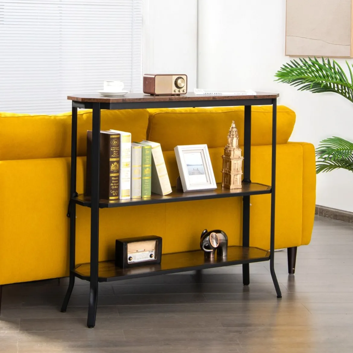Industrieller 3 stufiger Konsolentisch mit offenen Ablagefächern und Metallrahmen 98 x 28 x 91,5 cm Braun