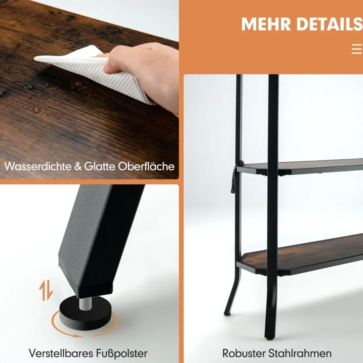 Industrieller 3 stufiger Konsolentisch mit offenen Ablagefächern und Metallrahmen 98 x 28 x 91,5 cm Braun