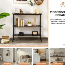 Industrieller 3 stufiger Konsolentisch mit offenen Ablagefächern und Metallrahmen 98 x 28 x 91,5 cm Braun