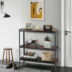Industrieller 3 stufiger Konsolentisch mit offenen Ablagefächern und Metallrahmen 98 x 28 x 91,5 cm Braun