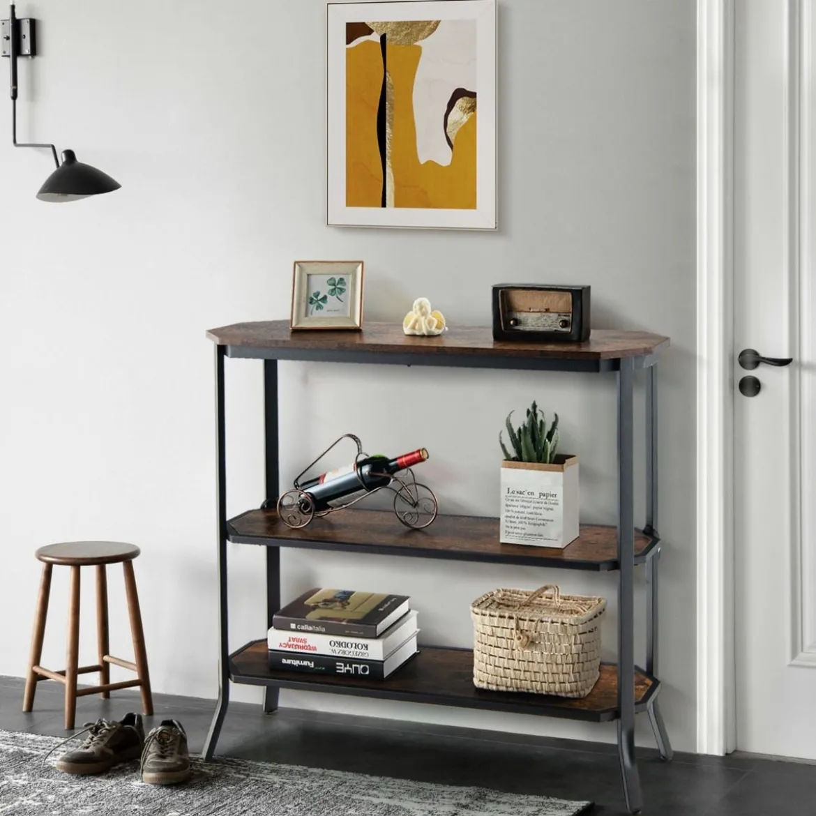 Industrieller 3 stufiger Konsolentisch mit offenen Ablagefächern und Metallrahmen 98 x 28 x 91,5 cm Braun