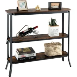 Industrieller 3 stufiger Konsolentisch mit offenen Ablagefächern und Metallrahmen 98 x 28 x 91,5 cm Braun
