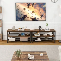 Industrieller TV-Ständer mit 2-stufigen Offenen Lagerregalen & Metallrahmen für TV bis zu 50 Zoll