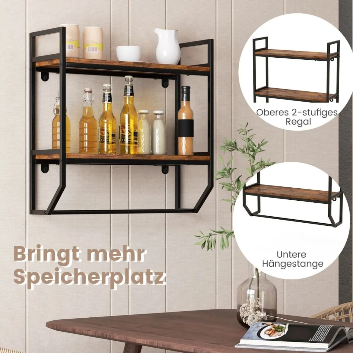Industrielles 2 Ebenen Wandregal mit Stange & Metallrahmen Rustikales Braun