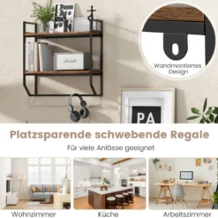 Industrielles 2 Ebenen Wandregal mit Stange & Metallrahmen Rustikales Braun