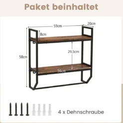 Industrielles 2 Ebenen Wandregal mit Stange & Metallrahmen Rustikales Braun