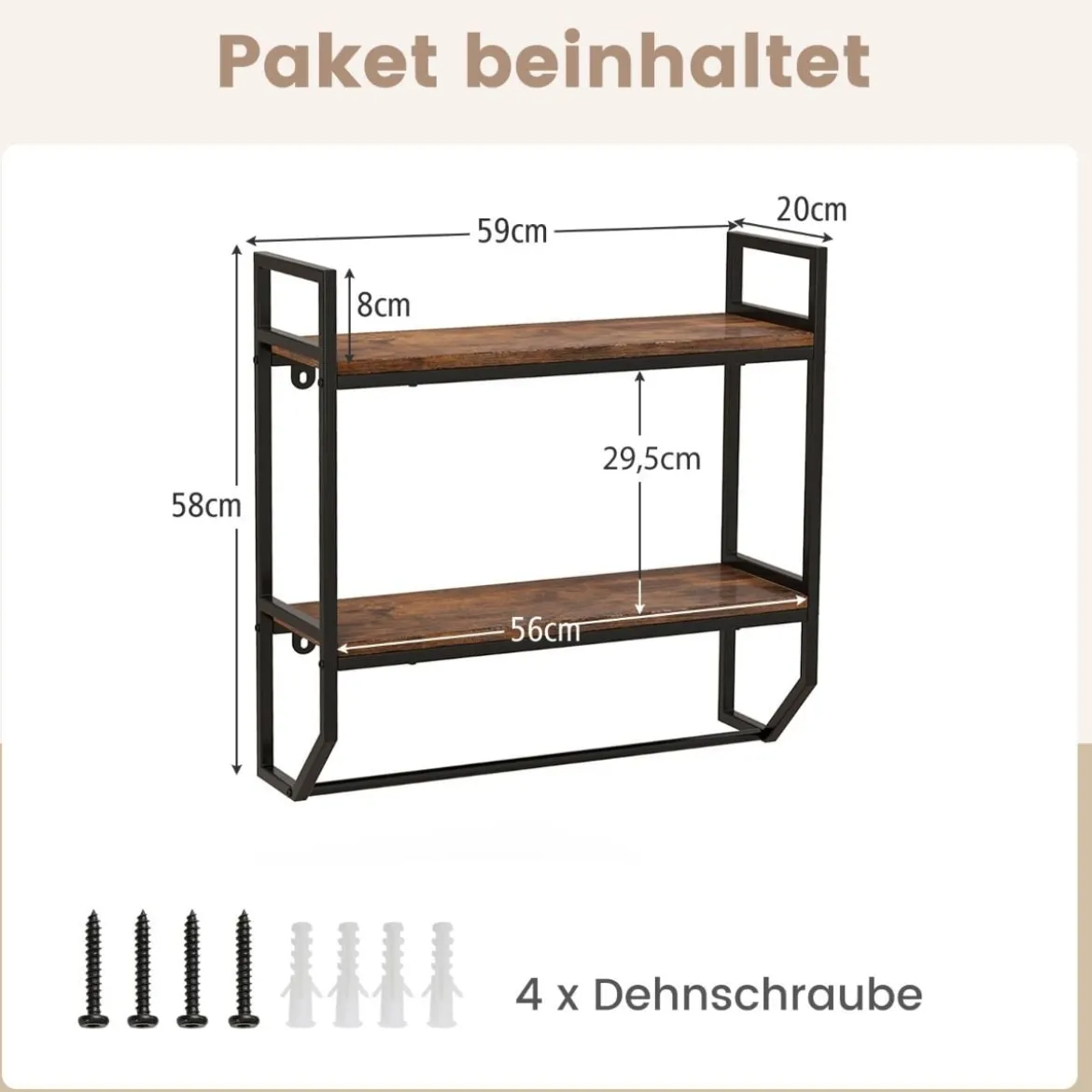 Industrielles 2 Ebenen Wandregal mit Stange & Metallrahmen Rustikales Braun