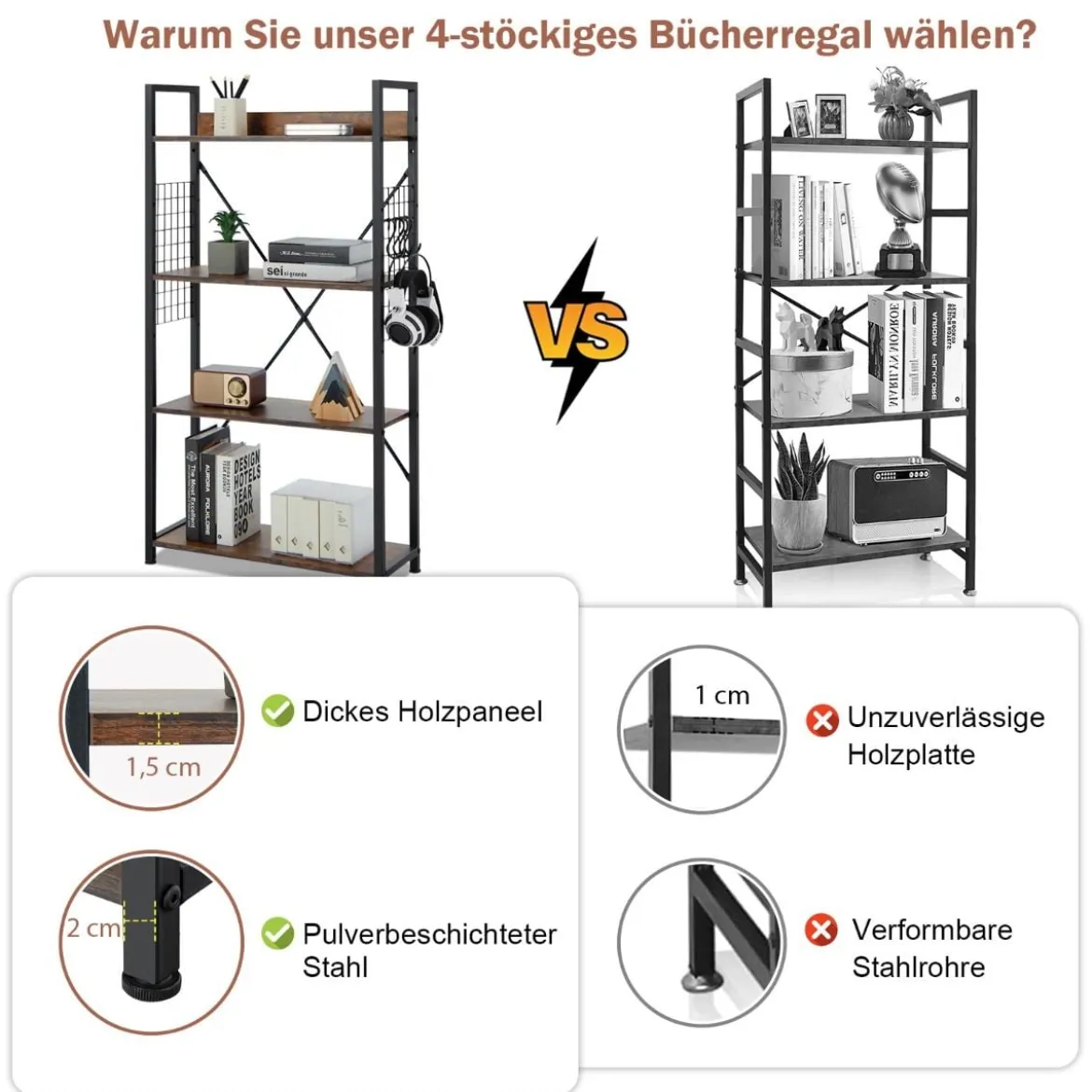 Industrielles 4-stufiges Bücherregal multifunktionales Lagerregal mit Anti-Kipp-Vorrichtung