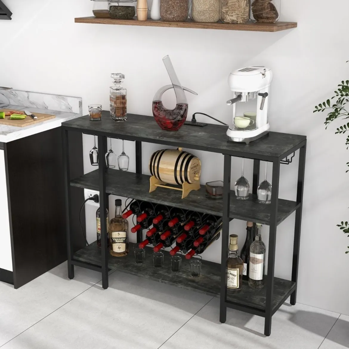 Industrielles Weinregal mit Glashalter & Regalen & Steckdosen für 15 Weinflaschen Weinschrank Grau