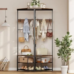 3 in 1 Eckgarderobe aus Metall platzsparende Garderobenständer mit Haken Rustikales Braun 49 x 49 x 171 cm