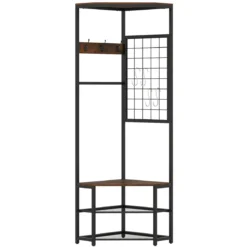 3 in 1 Eckgarderobe aus Metall platzsparende Garderobenständer mit Haken Rustikales Braun 49 x 49 x 171 cm