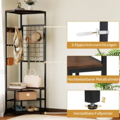 3 in 1 Eckgarderobe aus Metall platzsparende Garderobenständer mit Haken Rustikales Braun 49 x 49 x 171 cm