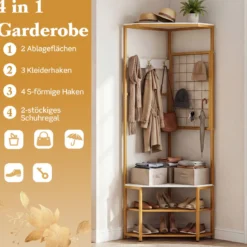 3 in 1 Eckgarderobe aus Metall platzsparende Garderobenständer mit Haken Rustikales Braun 49 x 49 x 171 cm