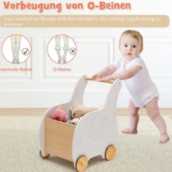 2 in 1 Elefantenform Lauflernwagen aus Holz mit Großer Spielzeugkiste Lauflernhilfe Weiß