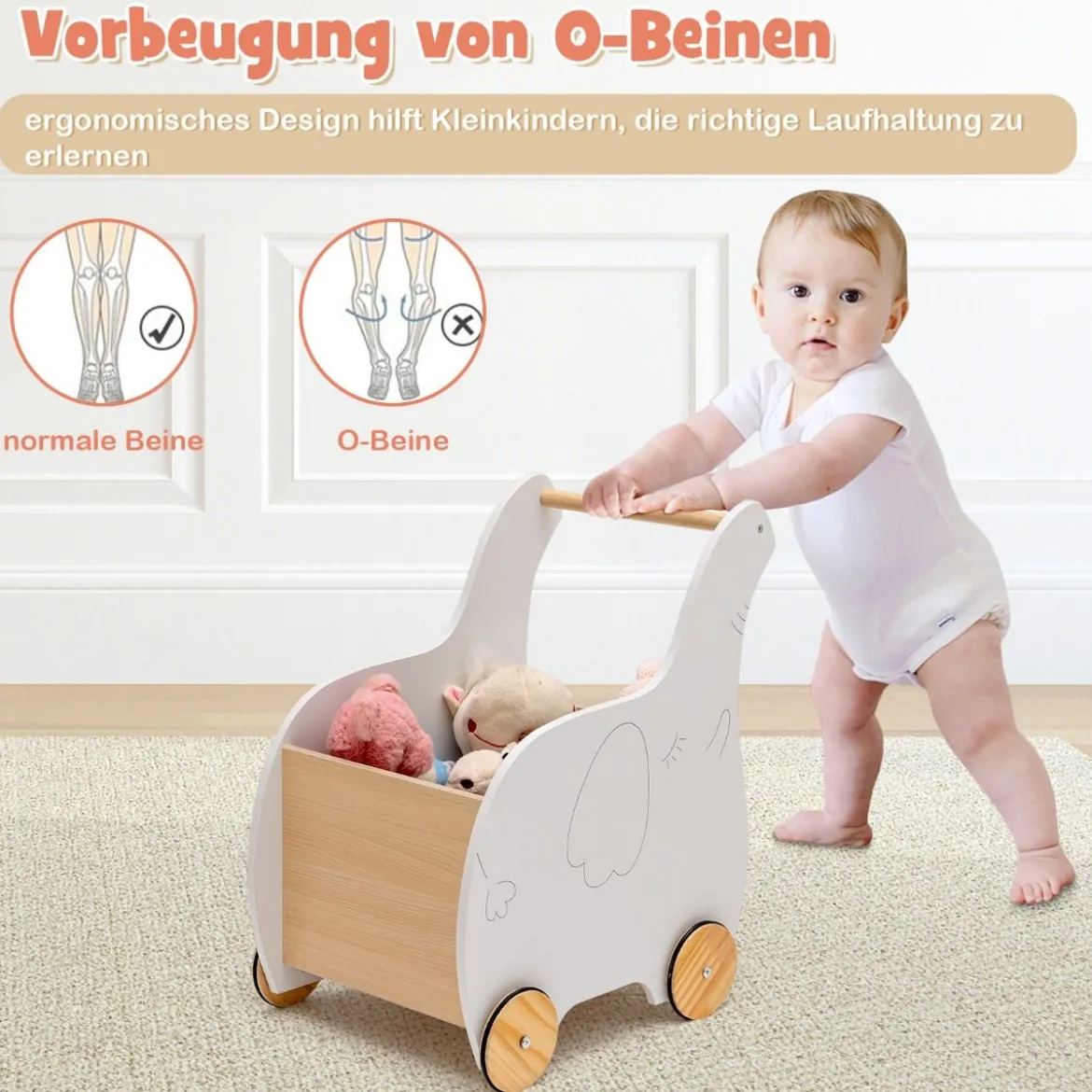 2 in 1 Elefantenform Lauflernwagen aus Holz mit Großer Spielzeugkiste Lauflernhilfe Weiß