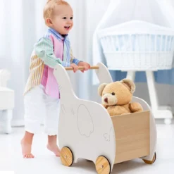 2 in 1 Elefantenform Lauflernwagen aus Holz mit Großer Spielzeugkiste Lauflernhilfe Weiß