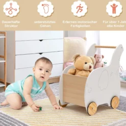 2 in 1 Elefantenform Lauflernwagen aus Holz mit Großer Spielzeugkiste Lauflernhilfe Weiß
