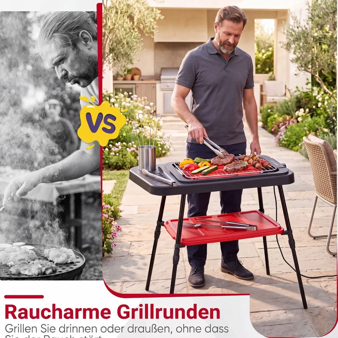 2 in 1 Elektrogrill 2000W Standgrill mit Doppelter Grillplatten & Höhenverstellbarem Ständer