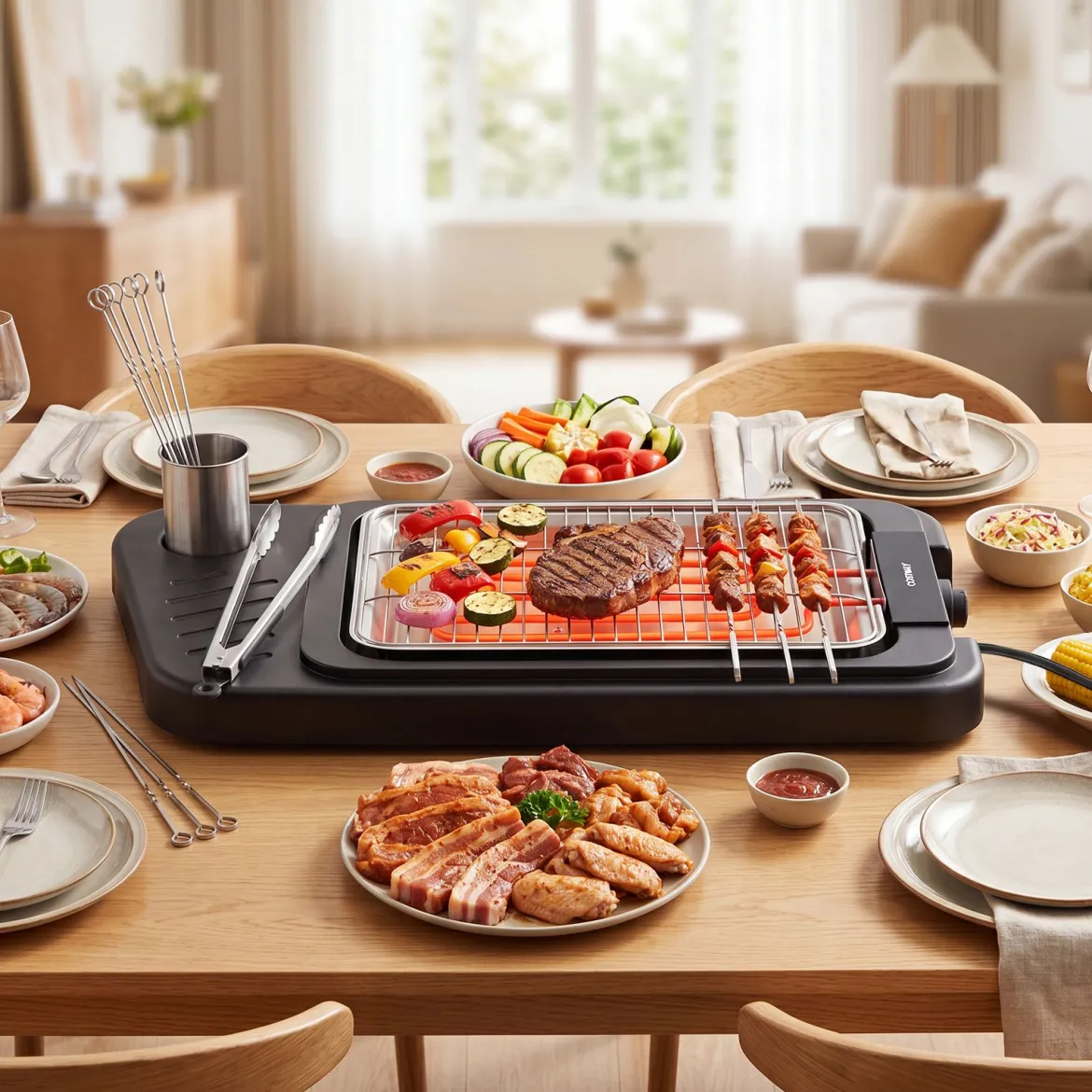 2 in 1 Elektrogrill 2000W Standgrill mit Doppelter Grillplatten & Höhenverstellbarem Ständer