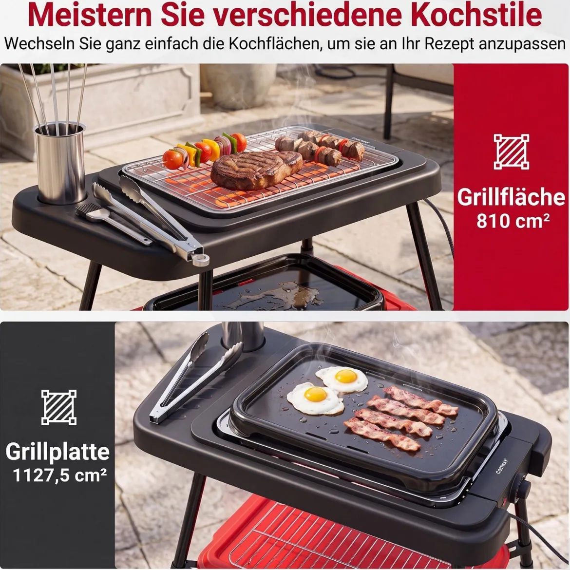 2 in 1 Elektrogrill 2000W Standgrill mit Doppelter Grillplatten & Höhenverstellbarem Ständer