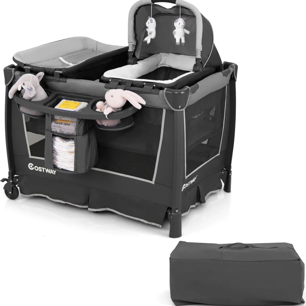 5 in 1 Faltbare Babybett mit Abnehmbarem Stubenwagen & Wickelauflage & Matratze Reisebett Grau