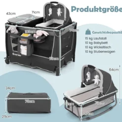 5 in 1 Faltbare Babybett mit Abnehmbarem Stubenwagen & Wickelauflage & Matratze Reisebett Grau