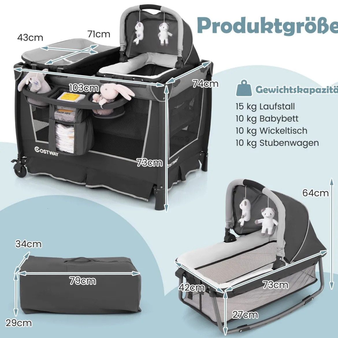5 in 1 Faltbare Babybett mit Abnehmbarem Stubenwagen & Wickelauflage & Matratze Reisebett Grau