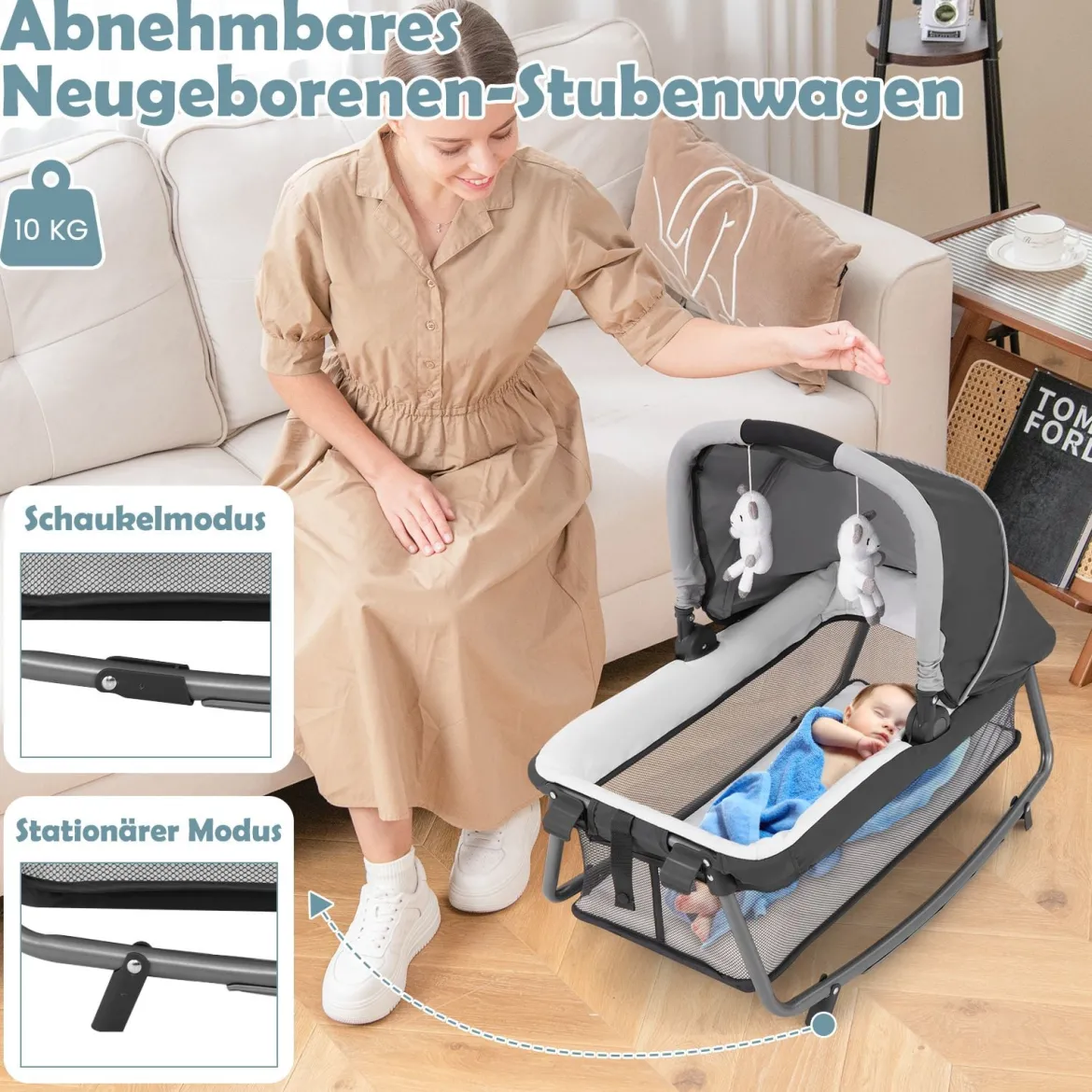 5 in 1 Faltbare Babybett mit Abnehmbarem Stubenwagen & Wickelauflage & Matratze Reisebett Grau