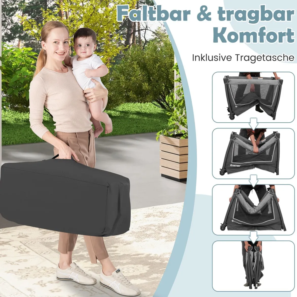 5 in 1 Faltbare Babybett mit Abnehmbarem Stubenwagen & Wickelauflage & Matratze Reisebett Grau
