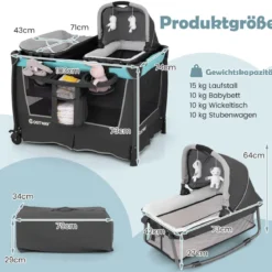 5 in 1 Faltbare Babybett mit Abnehmbarem Stubenwagen & Wickelauflage & Matratze Reisebett Grün