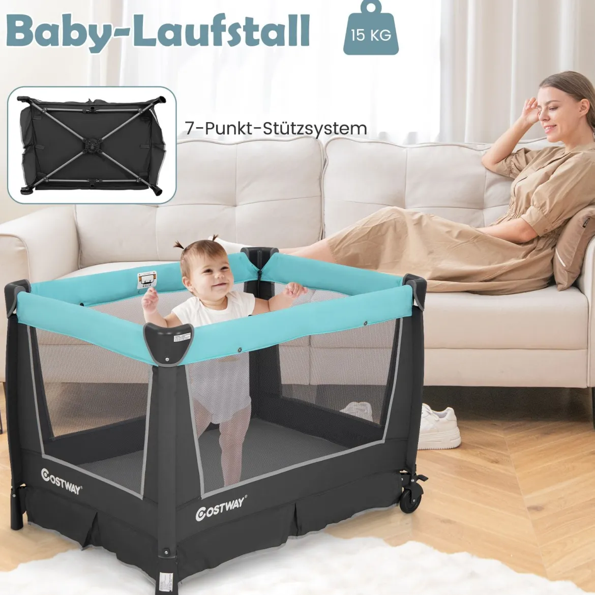 5 in 1 Faltbare Babybett mit Abnehmbarem Stubenwagen & Wickelauflage & Matratze Reisebett Grün