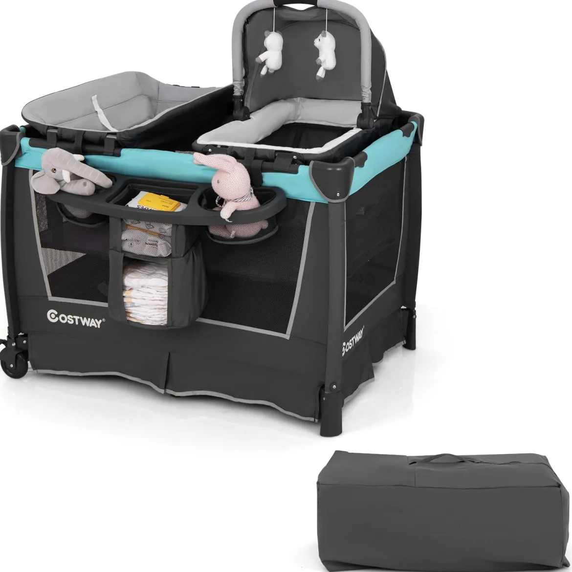 5 in 1 Faltbare Babybett mit Abnehmbarem Stubenwagen & Wickelauflage & Matratze Reisebett Grün