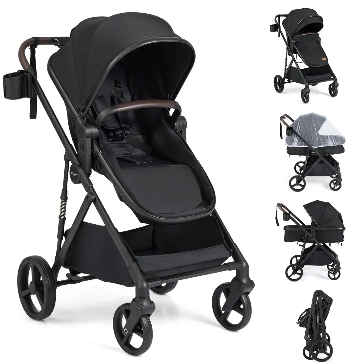 3 in 1 Faltbare Kinderwagen mit Umkehrbarem Sitz & Liegefunktion Reisebuggy Kombikinderwagen Schwarz