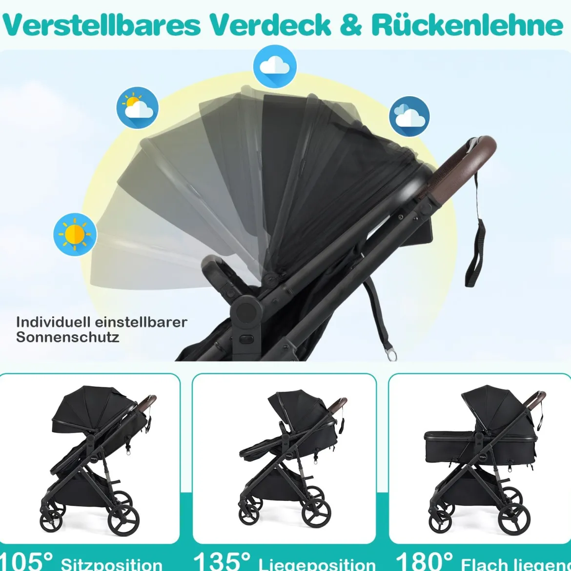 3 in 1 Faltbare Kinderwagen mit Umkehrbarem Sitz & Liegefunktion Reisebuggy Kombikinderwagen Schwarz