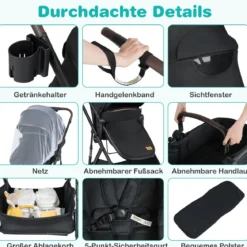 3 in 1 Faltbare Kinderwagen mit Umkehrbarem Sitz & Liegefunktion Reisebuggy Kombikinderwagen Schwarz