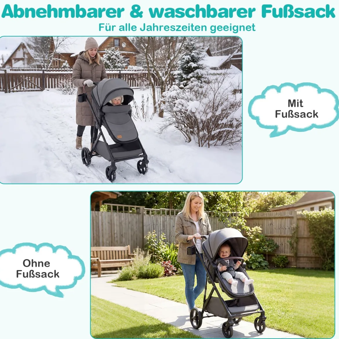 3 in 1 Faltbare Kinderwagen mit Umkehrbarem Sitz & Liegefunktion Reisebuggy Kombikinderwagen Grau