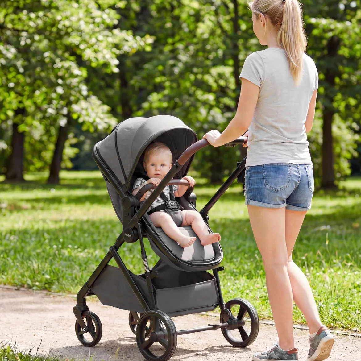 3 in 1 Faltbare Kinderwagen mit Umkehrbarem Sitz & Liegefunktion Reisebuggy Kombikinderwagen Grau