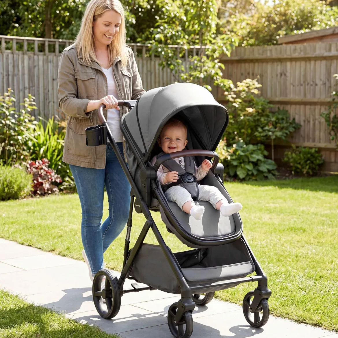 3 in 1 Faltbare Kinderwagen mit Umkehrbarem Sitz & Liegefunktion Reisebuggy Kombikinderwagen Grau