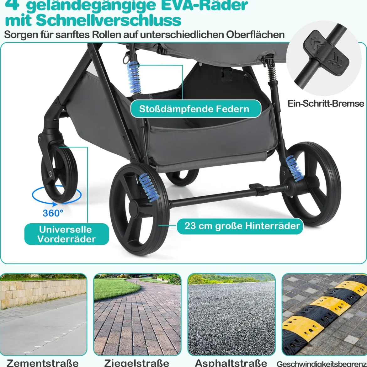 3 in 1 Faltbare Kinderwagen mit Umkehrbarem Sitz & Liegefunktion Reisebuggy Kombikinderwagen Grau