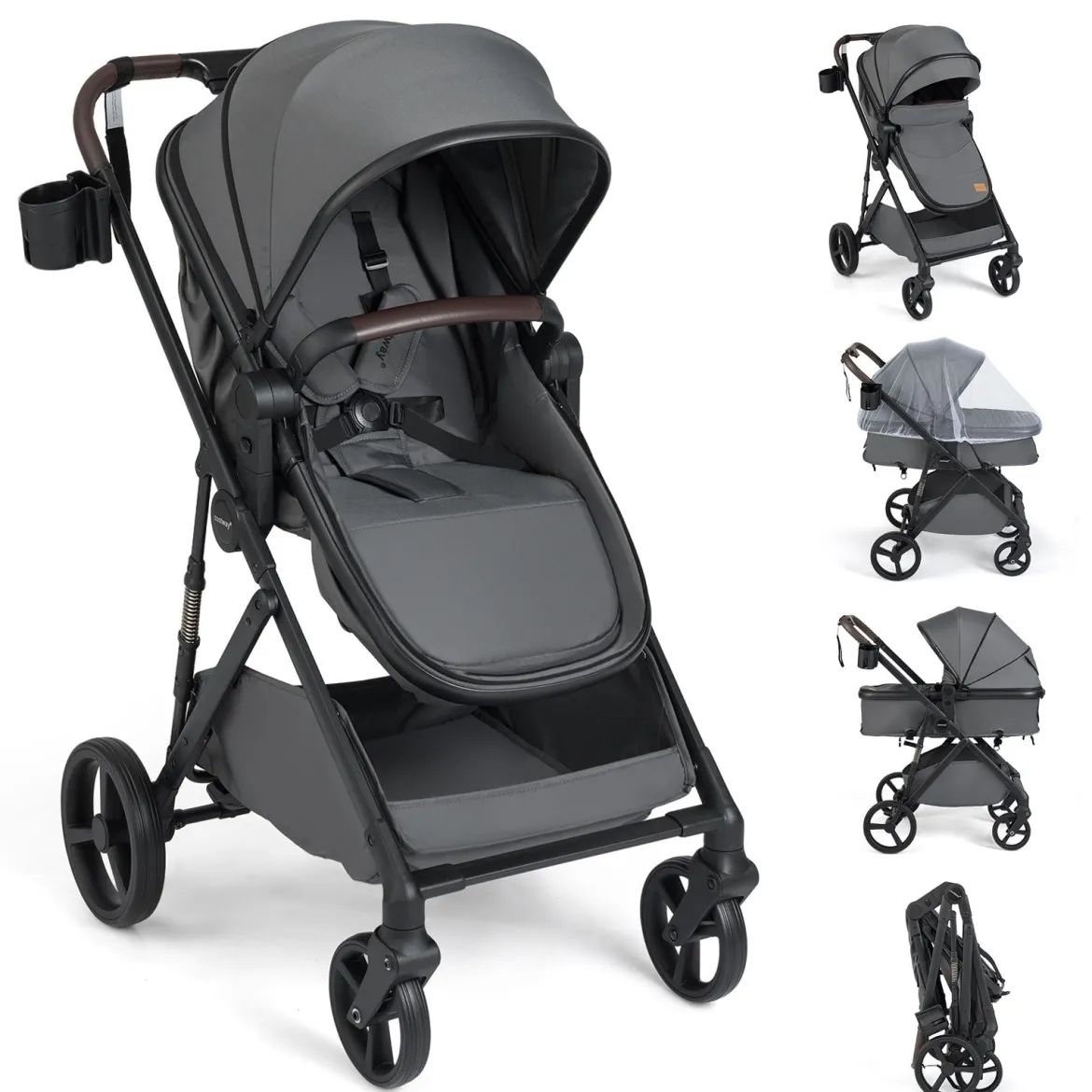 3 in 1 Faltbare Kinderwagen mit Umkehrbarem Sitz & Liegefunktion Reisebuggy Kombikinderwagen Grau