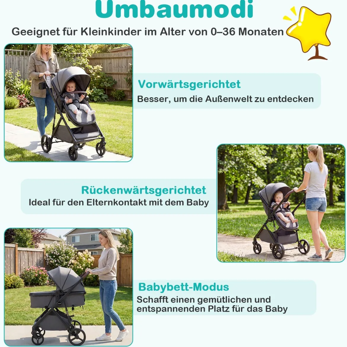 3 in 1 Faltbare Kinderwagen mit Umkehrbarem Sitz & Liegefunktion Reisebuggy Kombikinderwagen Grau