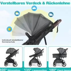 3 in 1 Faltbare Kinderwagen mit Umkehrbarem Sitz & Liegefunktion Reisebuggy Kombikinderwagen Grau