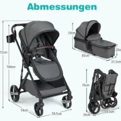 3 in 1 Faltbare Kinderwagen mit Umkehrbarem Sitz & Liegefunktion Reisebuggy Kombikinderwagen Grau
