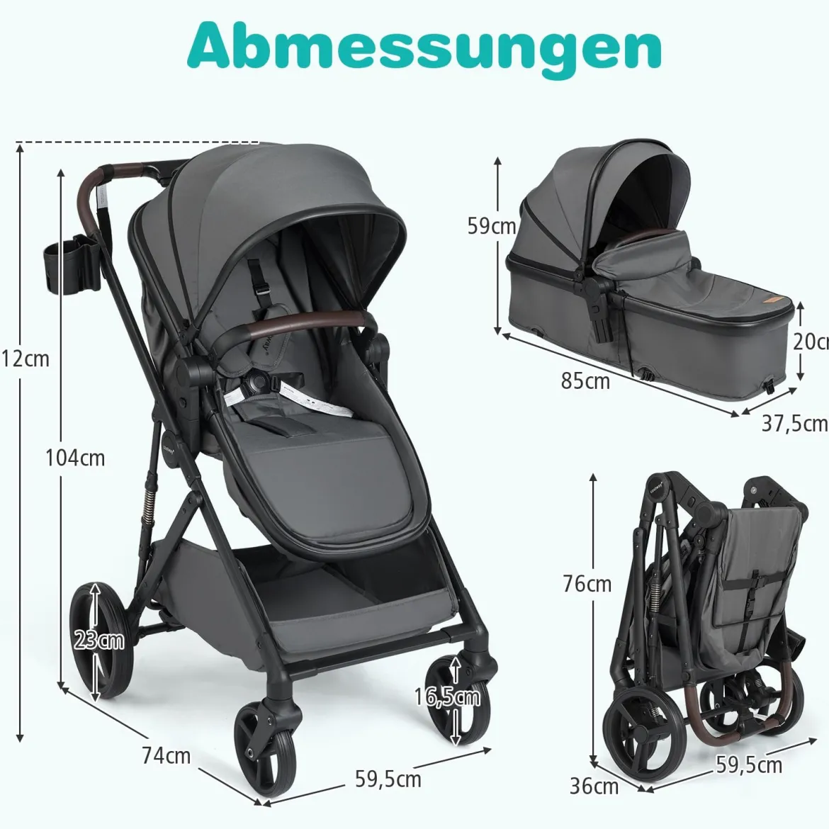 3 in 1 Faltbare Kinderwagen mit Umkehrbarem Sitz & Liegefunktion Reisebuggy Kombikinderwagen Grau