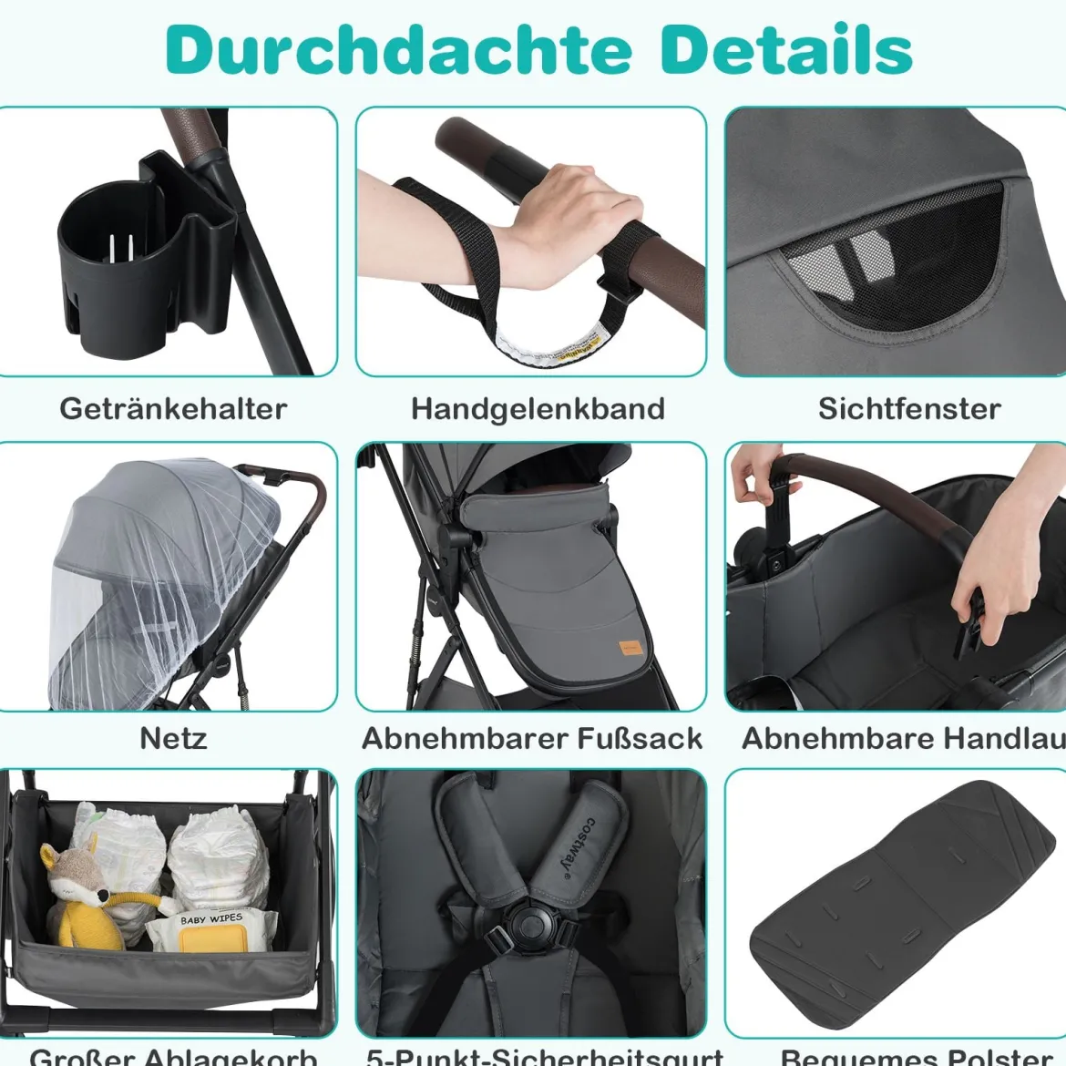 3 in 1 Faltbare Kinderwagen mit Umkehrbarem Sitz & Liegefunktion Reisebuggy Kombikinderwagen Grau