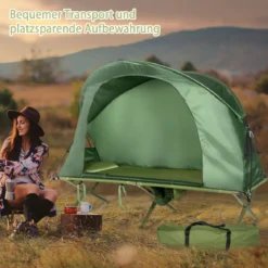 4 in 1faltbares Campingzelt für 1 Person mit Abdeckung und Matratze 200 x 87 x 154 cm Grün